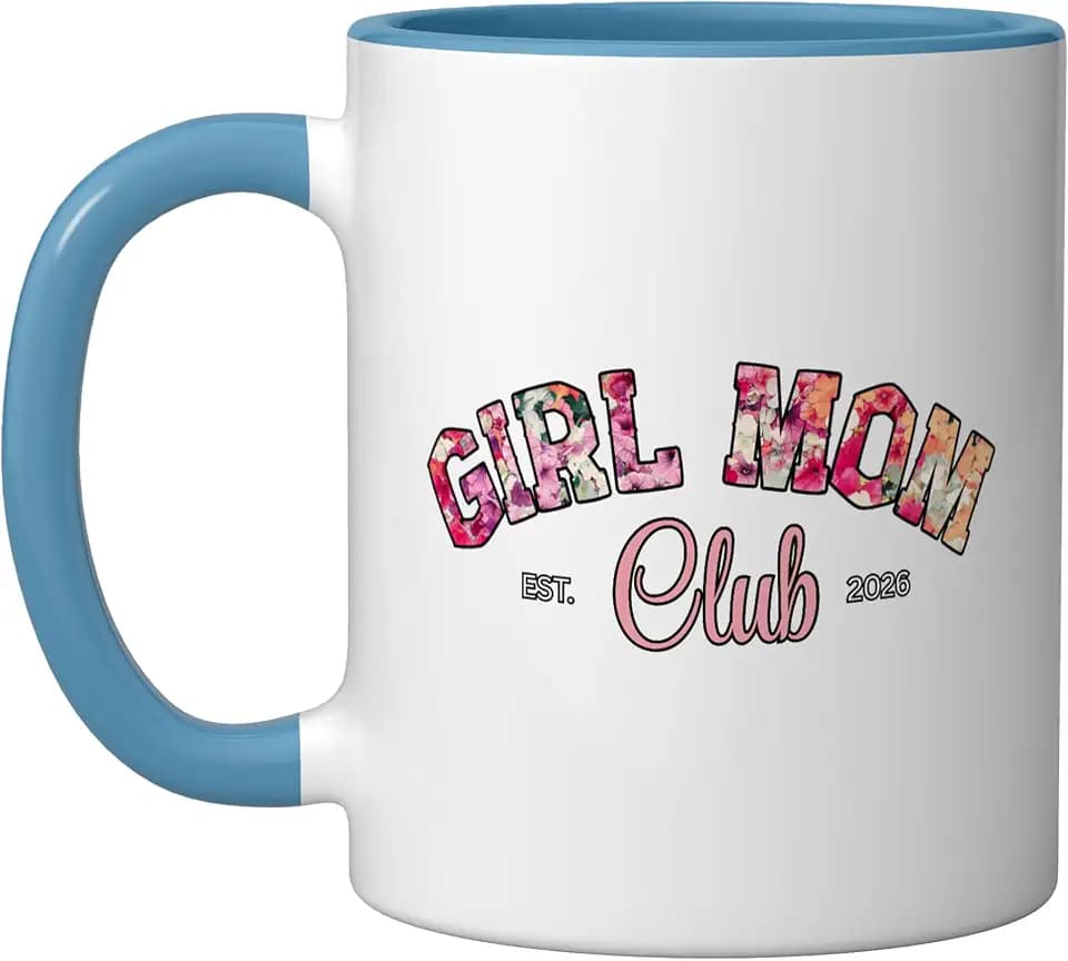 Girl Mom Club Est 2026 Floral Lettering Mother Energy Fun Ceramic Mug, Blue/White, 11oz