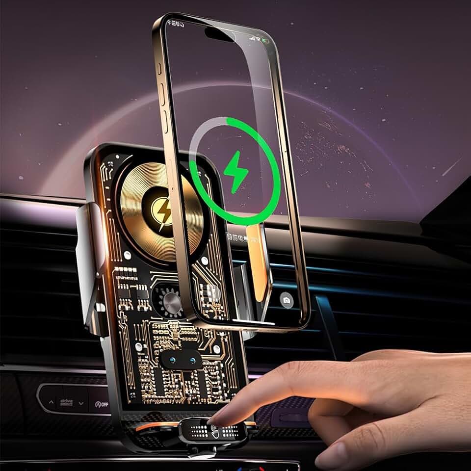 OBEST Kabelloses Ladegerät für Auto, Navigationshalterung für Handy mit Infrarot-Induktion, 15W Ladung und 2 magnetischen Adapternen, kompatibel mit Allen Handys