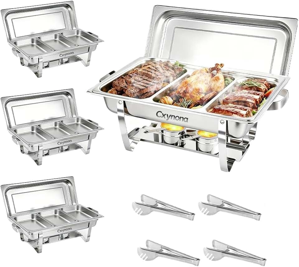 Chafing Dish Set 4 Pack 9L Stainless Steel Buffet Food Warmer with Spoons and Serving Tongs for Party Wedding Catering