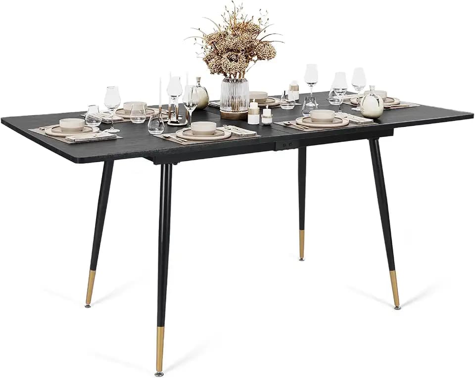 MEUBLE Cosy Esstisch Ausziehbar Küchentisch für 4-6 Personen Retro Industrial Esszimmertisch Metallgestell für Esszimmer, Küche, 120-160x80x75cm, Schwarz + Goldfarben