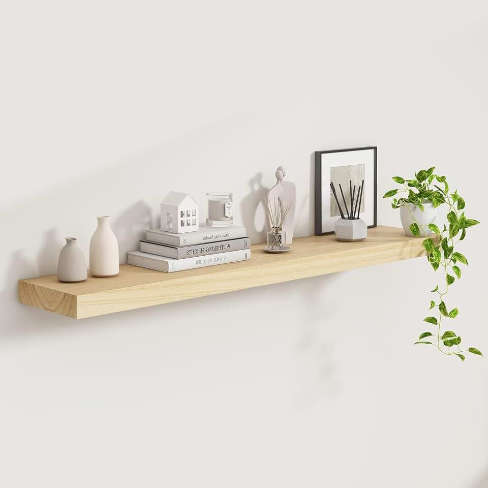 48" Solid Wood Floating Shelves, 9.3 Inch Deep Floating Shelves for Wall, Rustic Wooden Shelves for Wall Decor, Large Fireplace Mantel for Storage, Deep Floating Shelf Set of 1, Burlywood