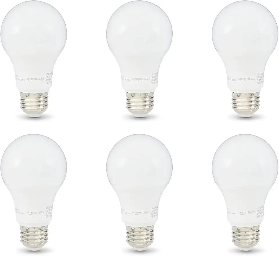 Amazon Basics A19 LED Light Bulbs, 60 Watt Equivalent, Energy Efficient 9W, E26 Standard Base, Soft White 2700K, Dimmable, 10,000 Hour Lifetime , 6-Pack