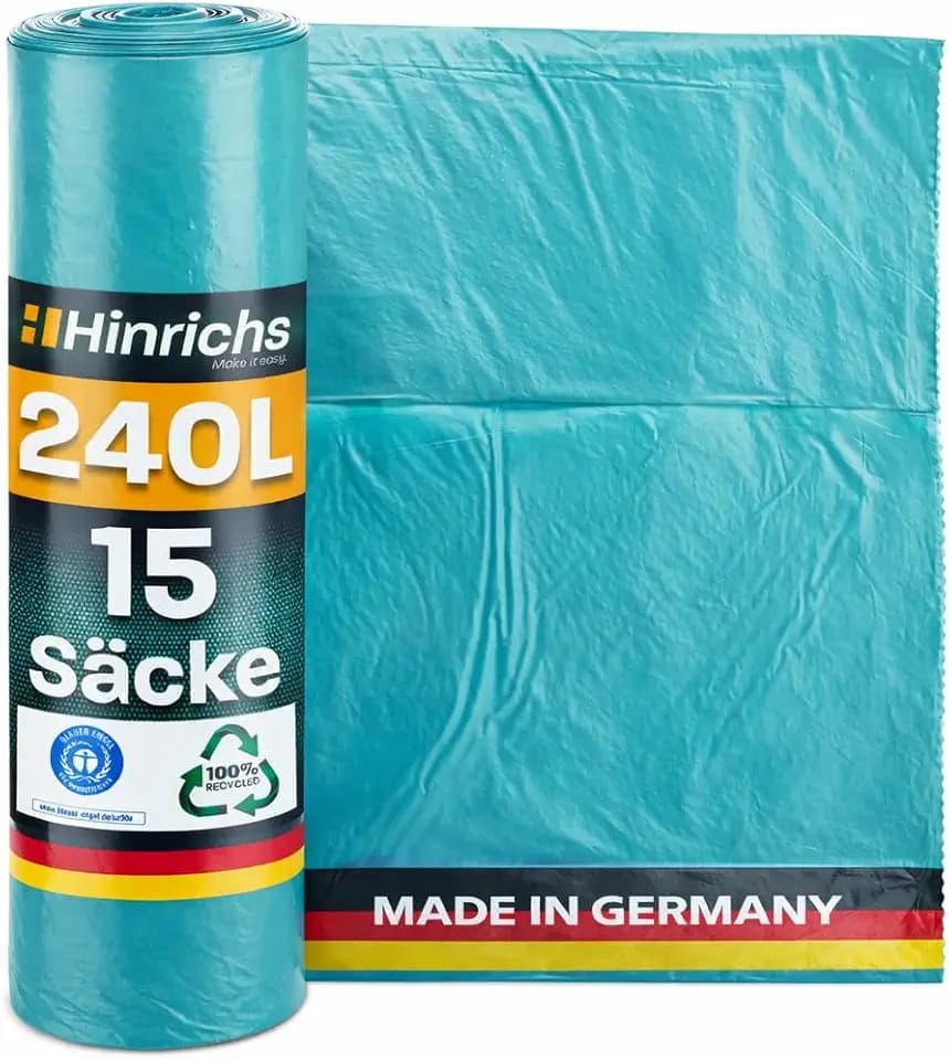 Hinrichs Müllsäcke 240L extra Stark - 15er Rolle - 100x125 cm - Extrem reißfeste Müllbeutel - Mülltüten aus Recycling LDPE - Blaue Säcke - Abfallsäcke für Garten, Haushalt & Baustelle