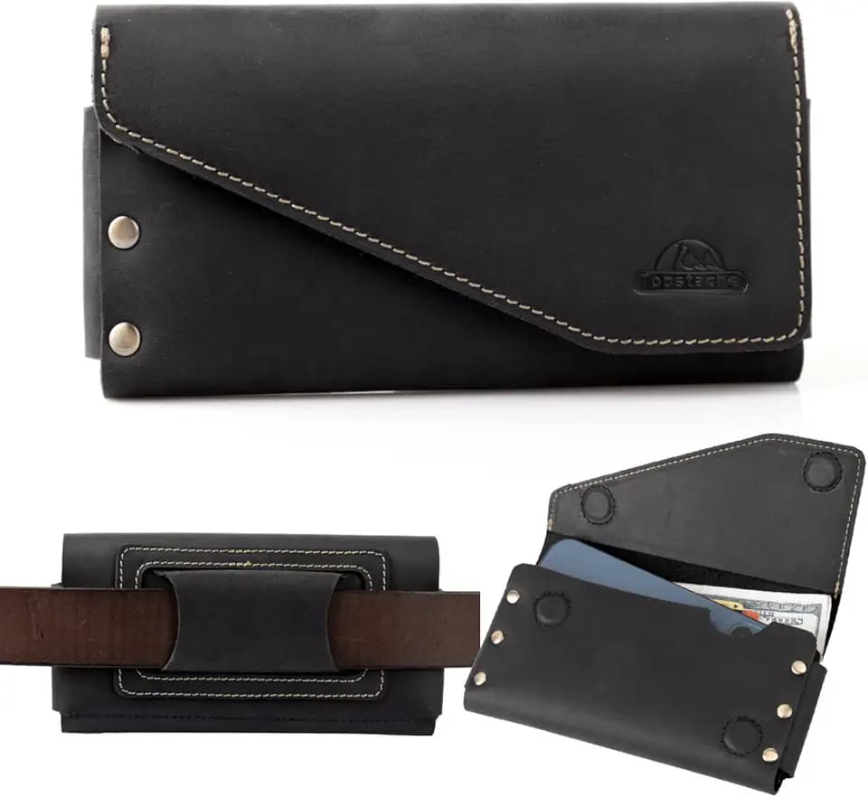 Topstache Belt Loop Leather Cell Phone Holster for iPhone 17/16/15 Pro Max, Galaxy S25/S24 Ultra - Magnetic Closure Cell Phone Pouch - Leather Belt Holder Fit Protective Case on, XL,Black