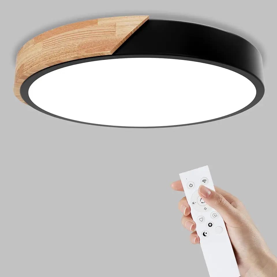 Yexati Deckenleuchte Holz, dimmbare Decke 3000k-6000k, ferngesteuerte LED-Deckenleuchte, 24-W-moderne Leuchte für Wohnzimmer, und Flur, 30 cm ,Schwarz