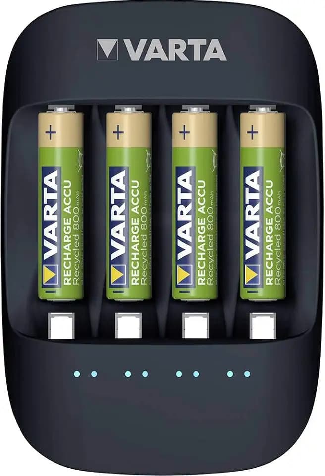VARTA Akku Ladegerät, inkl. 4X AAA 800mAh, Batterieladegerät für wiederaufladbare AA/AAA, Eco Charger, Einzelschachtladung, Gehäuse zu 50% aus Biokunststoff