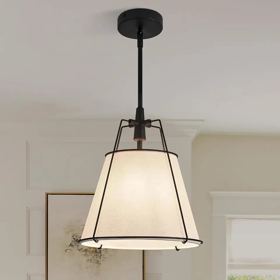 Modern Pendant Light Fixtures with 12" White Linen Fabric Shade, Adjustable Hanging Light Fixture,Drum Black Vintage Chandelier for Kitchen Island Bedroom Dining Room Foyer Entryway