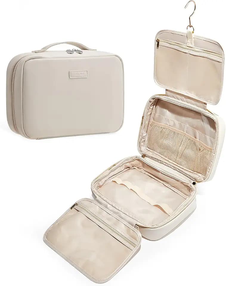 EACHY Toiletry Bag with Hanging Hook, Travel Makeup Bag PU Leather Cosmetic Bags for Women Make Up Organizer with 4 Compartments Waterproof Full-Size Portable Travel Essentials (Beige)