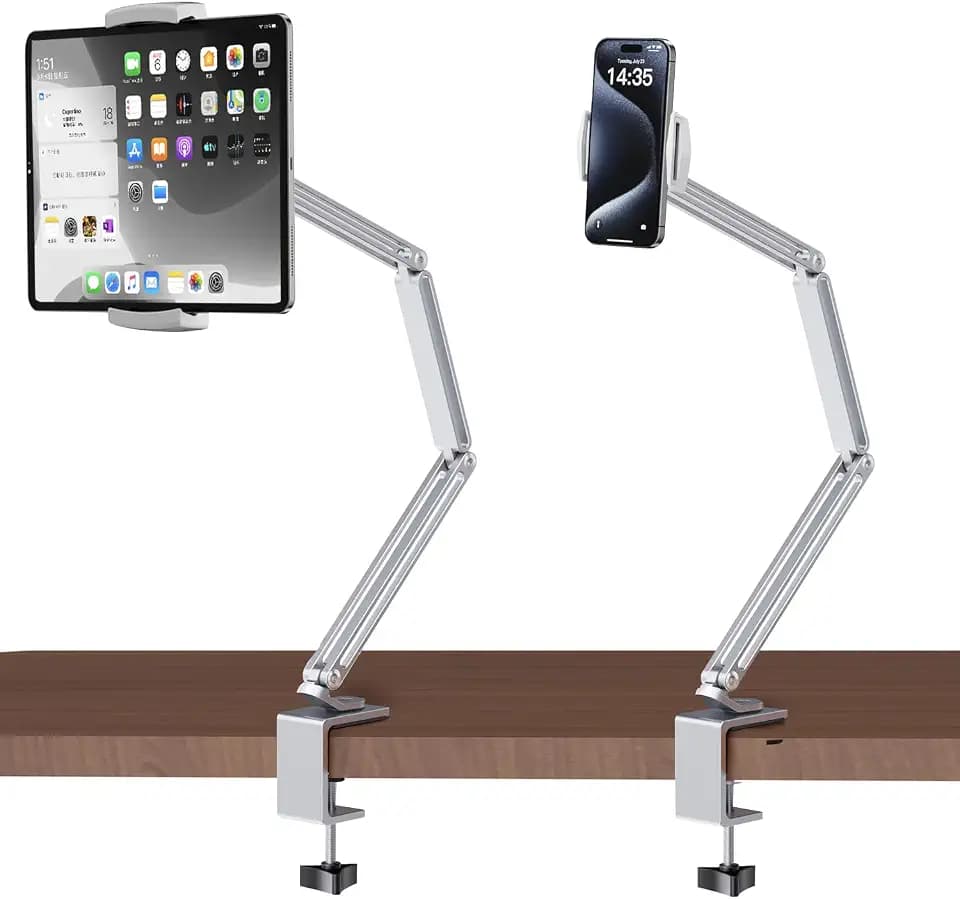 Tablet Halterung Bett, Aluminum iPad Halterung Bett mit 2 Clips Tisch Ständer für iPad Pro 13" 2024/Galaxy Tabs/Phones/Kindle, 3.5-13 Zoll etc