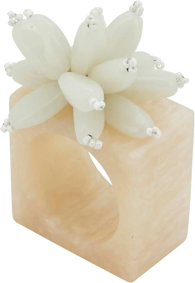 Saro Lifestyle Beaded Enchanted Bloom Resin Napkin Ring (Set of 4), Ivory