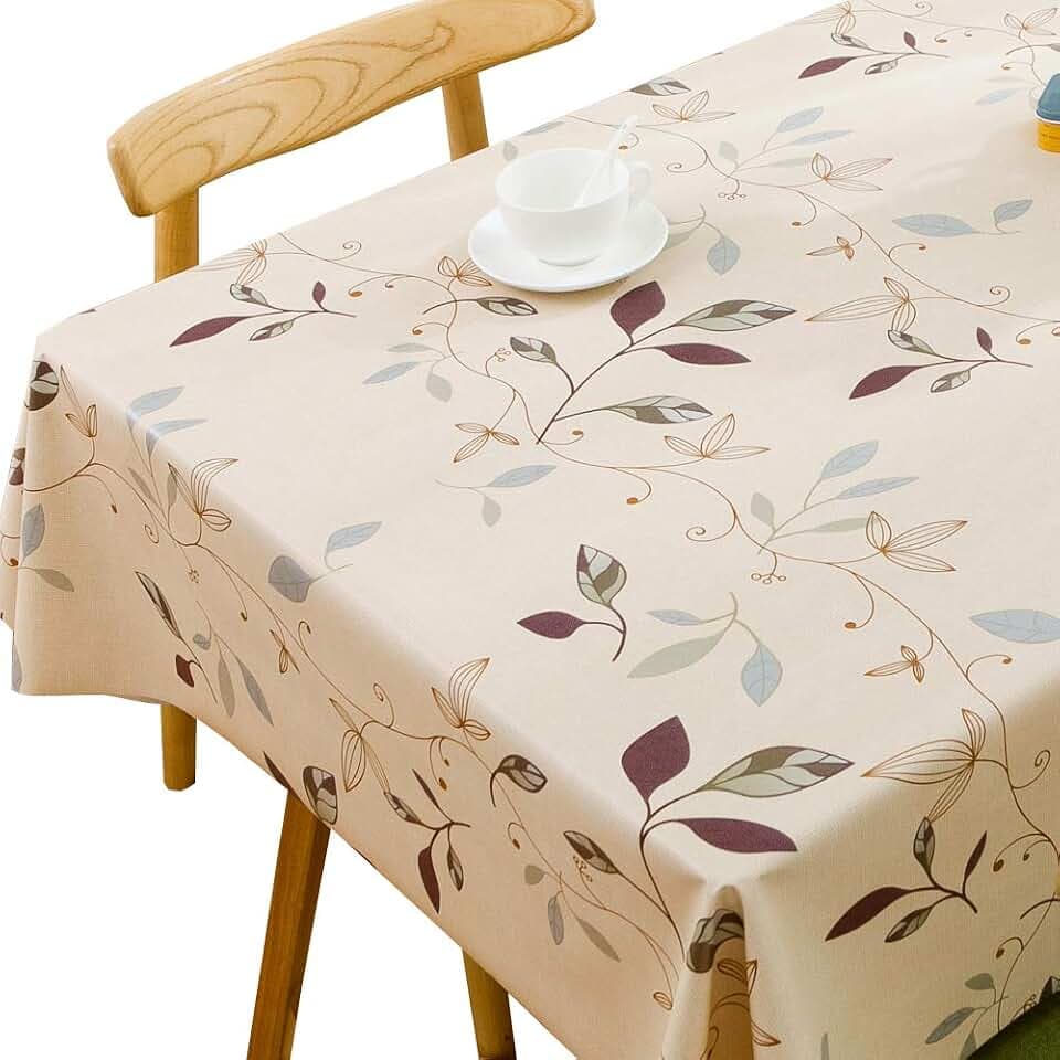 TruDelve Heavy Duty Vinyl Tablecloth Beige Plastic Table Cloth Waterproof Wipeable Oilcloth Table Cloth Rectangle Table (54'' x 78'', Leaves)