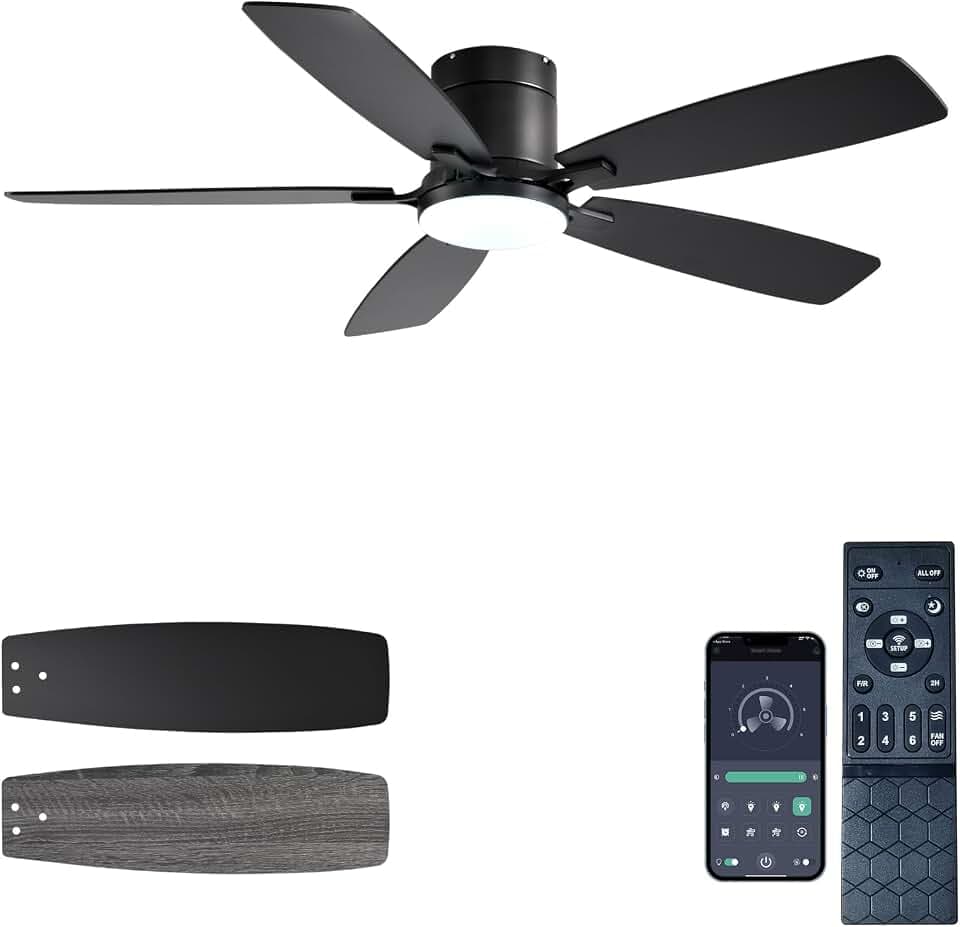 52in Black Low Profile Flush Mount Ceiling Fan Light Reversible Dimmable