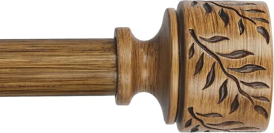 Boho Wood Curtain Rods for Windows 32 to 90 Inch, 1" Adjustable Heavy Duty Window Curtain Rod with Imitation Wooden Grain Leaf Finials, Rustic Decorative Drapery Rods, Size 32"-90", Dark Wood