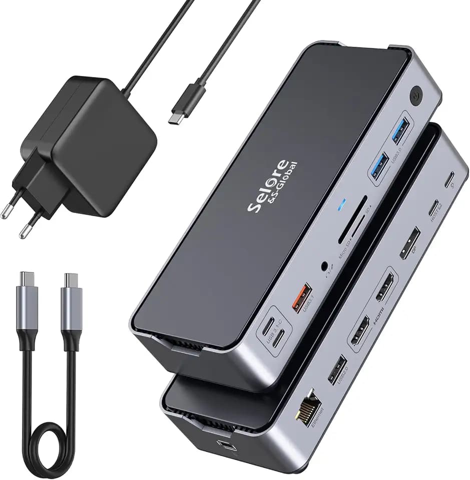 USB C Docking Station mit 65W Netzteil Dual Monitor Laptop Docking Station Triple Display mit Dual HDMI DisplayPort Dock USB C 10Gbps USB 3.1 A/C, RJ45 Ethernet, 100W PD, SD/TF, Audio