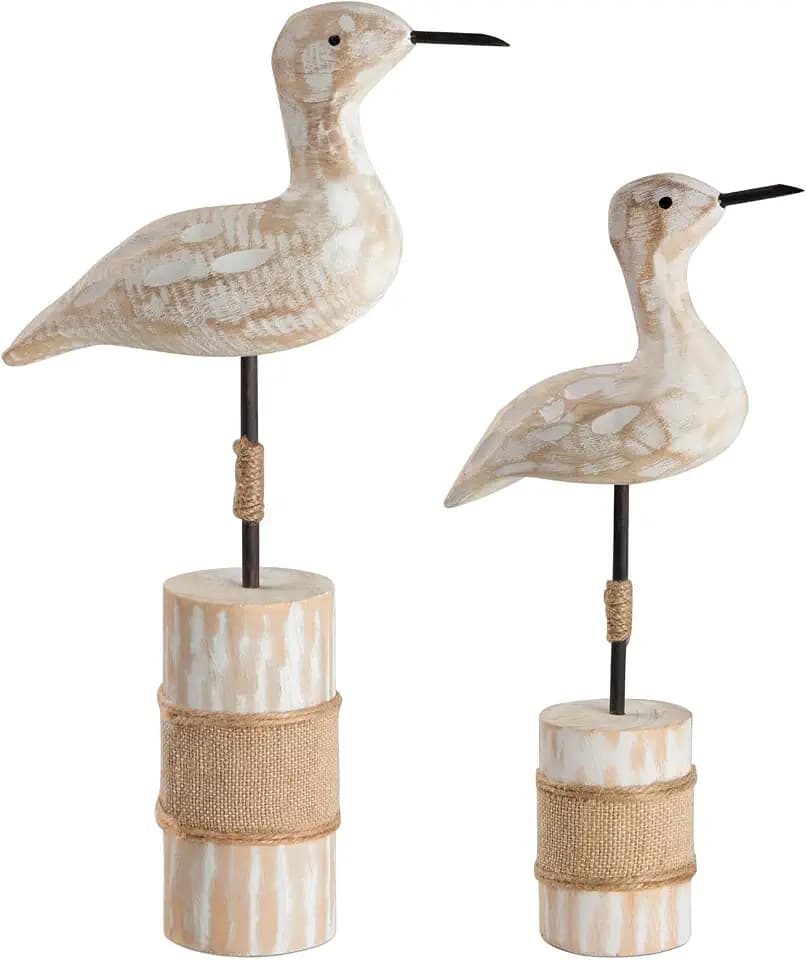 White Seagull Statues Nautical Decor, Wooden Sea Bird Statues for Coastal Beach Ocean Home Table Decoration, 2Pcs