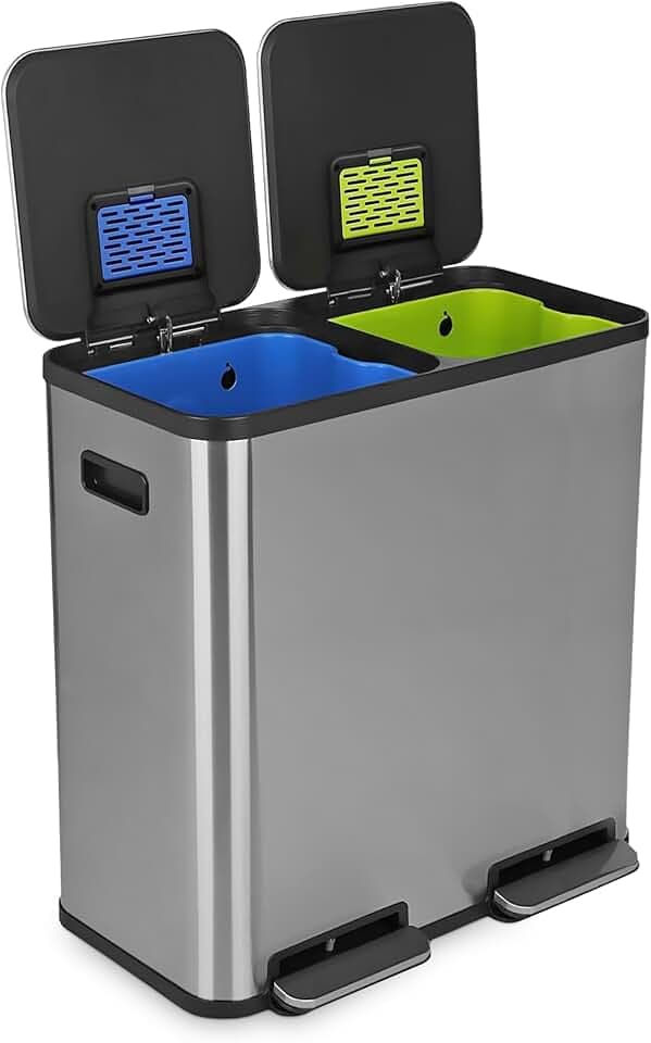 SIMPLI-Magic 21 Gallon (80L) Dual Compartment Kitchen Trash Can - Hands-Free Step Pedal, Soft-Close Lid, Stainless Steel Recycling Bin with Odor Filter (40L + 40L)