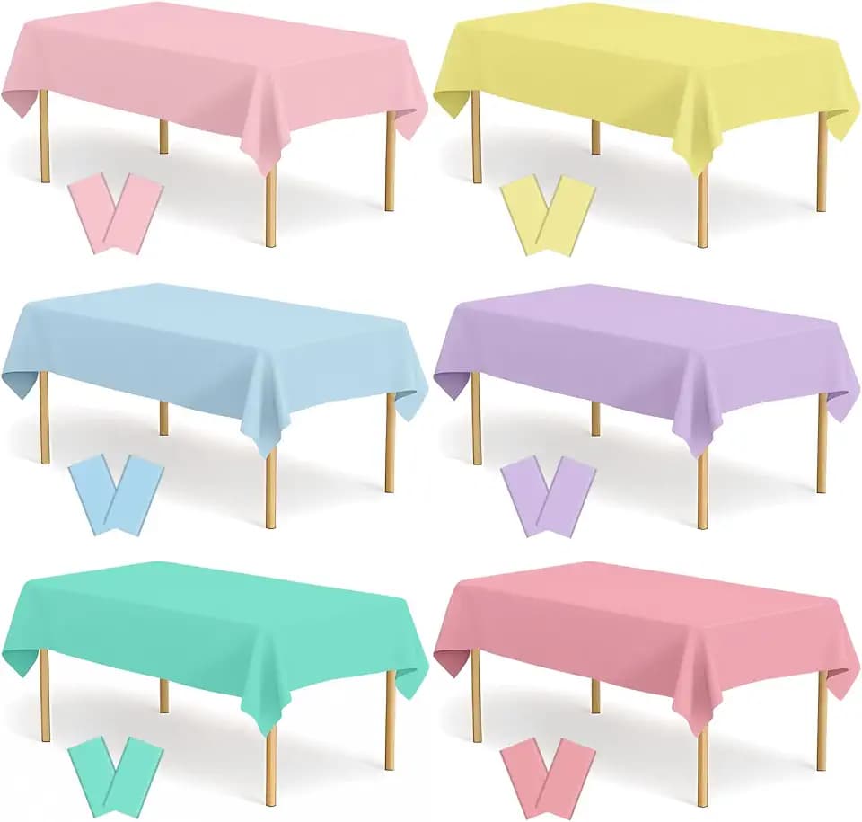 12 Pack Pastel Color Tablecloths Assorted Color Table Cloth Rectangle Disposable Plastic Table Covers for Parties Baby Shower Wedding Birthday Spring Easter Summer Party, Blush Pink Blue Yellow Purple