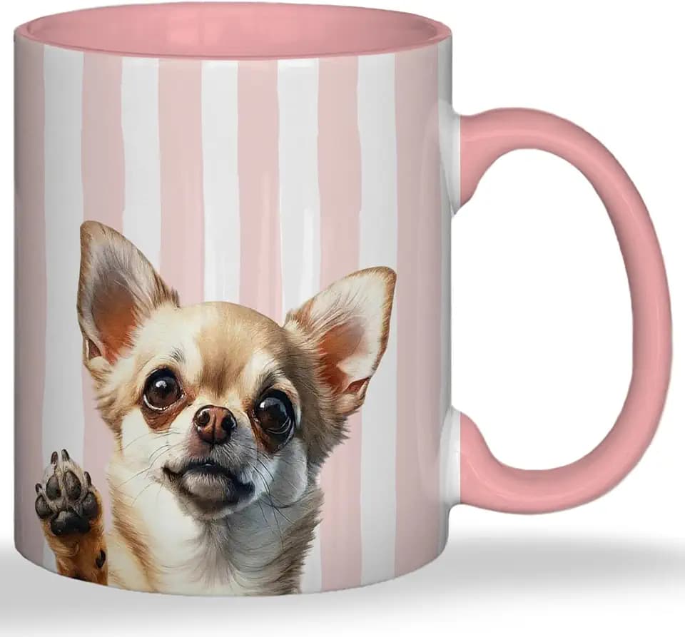 Chihuahua Mug, Chihuahua Gifts for Women Ceramic Coffee Cup With Handle, Dog Mom Lovers Gifts, Pink and White Striped Dog Tea Mug, 11 Ounce