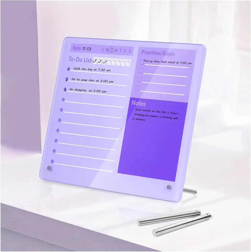 Desktop Thick Acrylic Dry Erase Board to Do Planning Board, 12" x 10", Desktop White Board with Stand, Frameless Purple Dry Erase White Board for Office/Home/School
