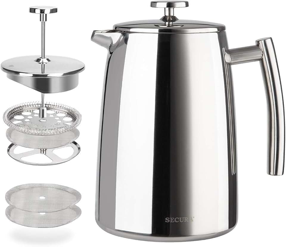 Secura French Press Coffee Maker, 34-Ounce, 304 Stainless Steel Insulated Coffee Press with Extra Screen