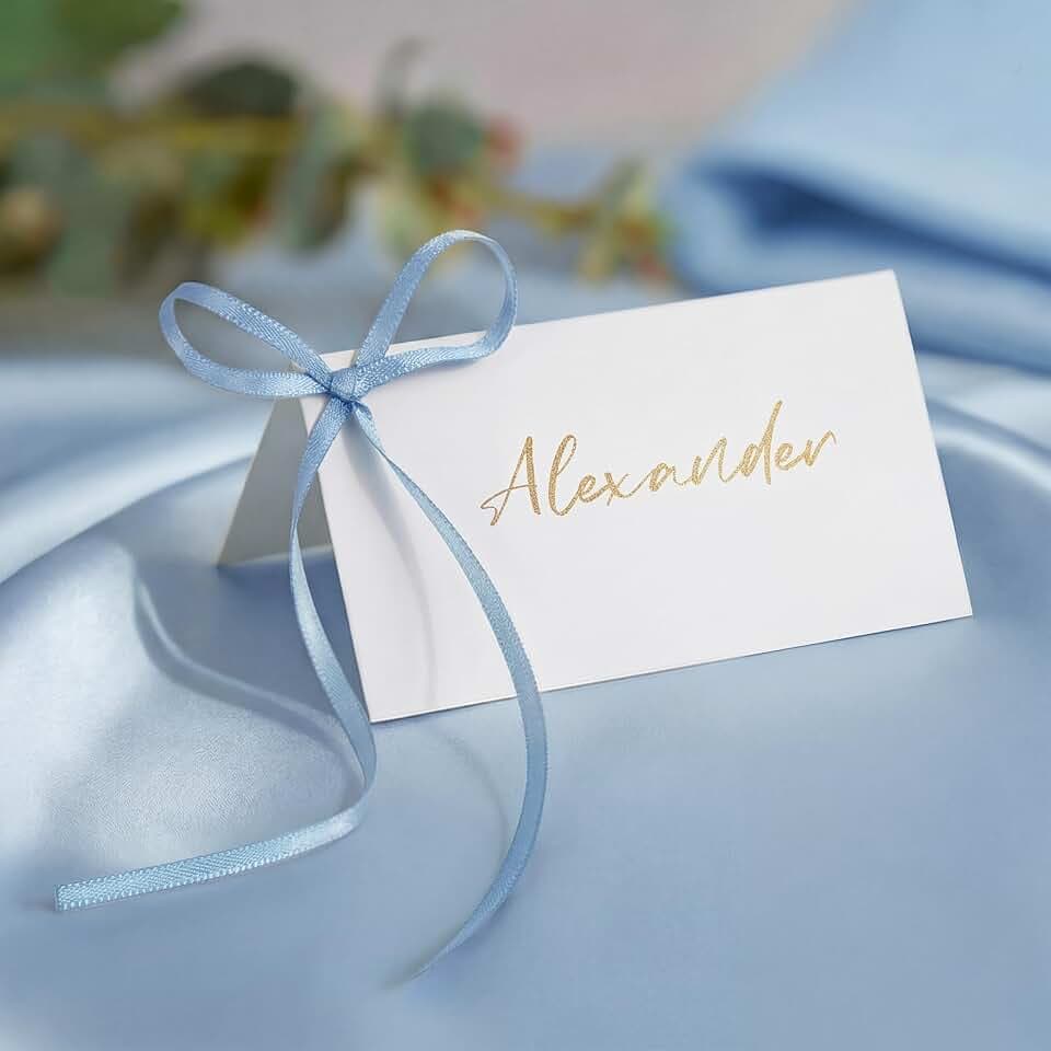 UNIQOOO 50Sets Place Cards for Table Setting - Dusty Blue Pre-tied Bow Table Place Cards, Name Cards for Wedding Dinner Party Events, 4x3.5 In