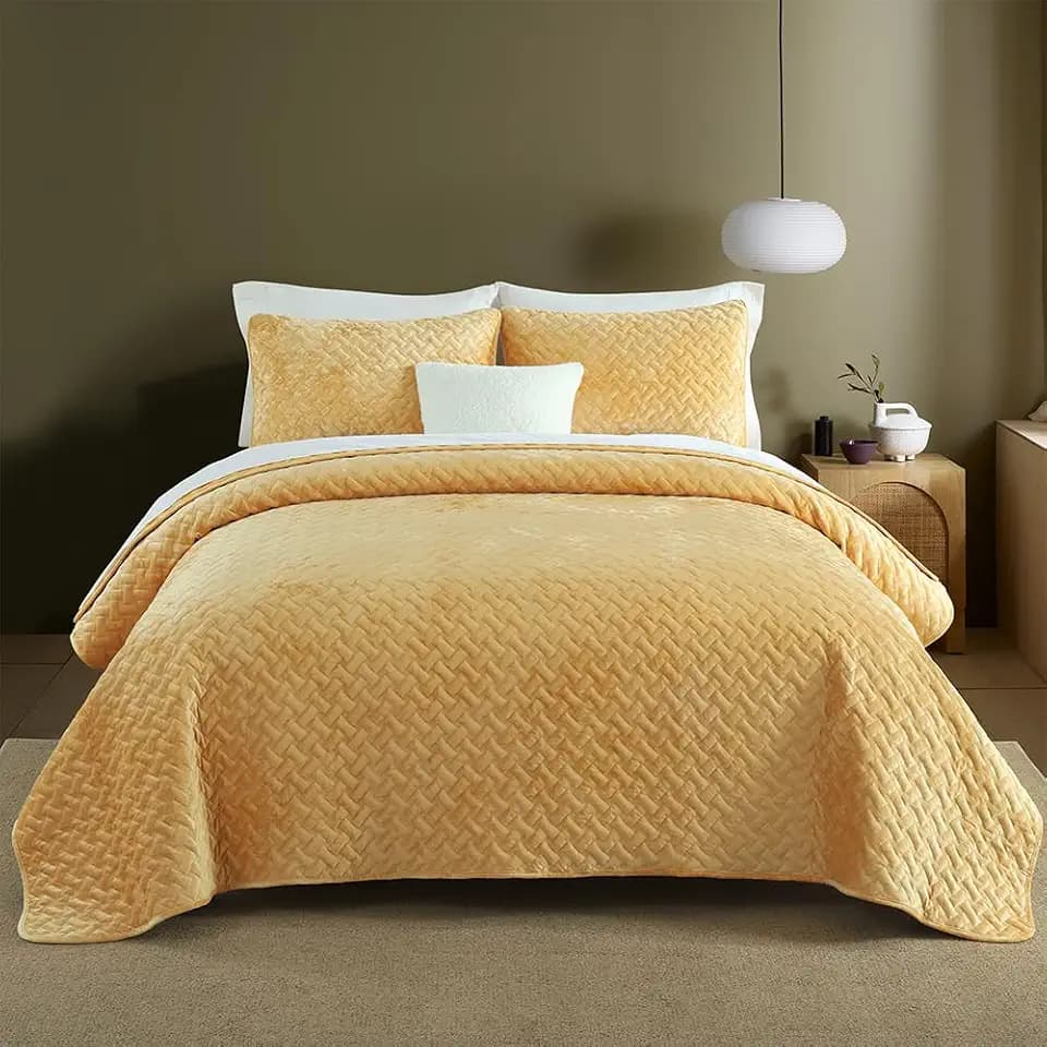Liians Velvet Bedspread Quilt Coverlets Bedding Sets, Yellow, King Size