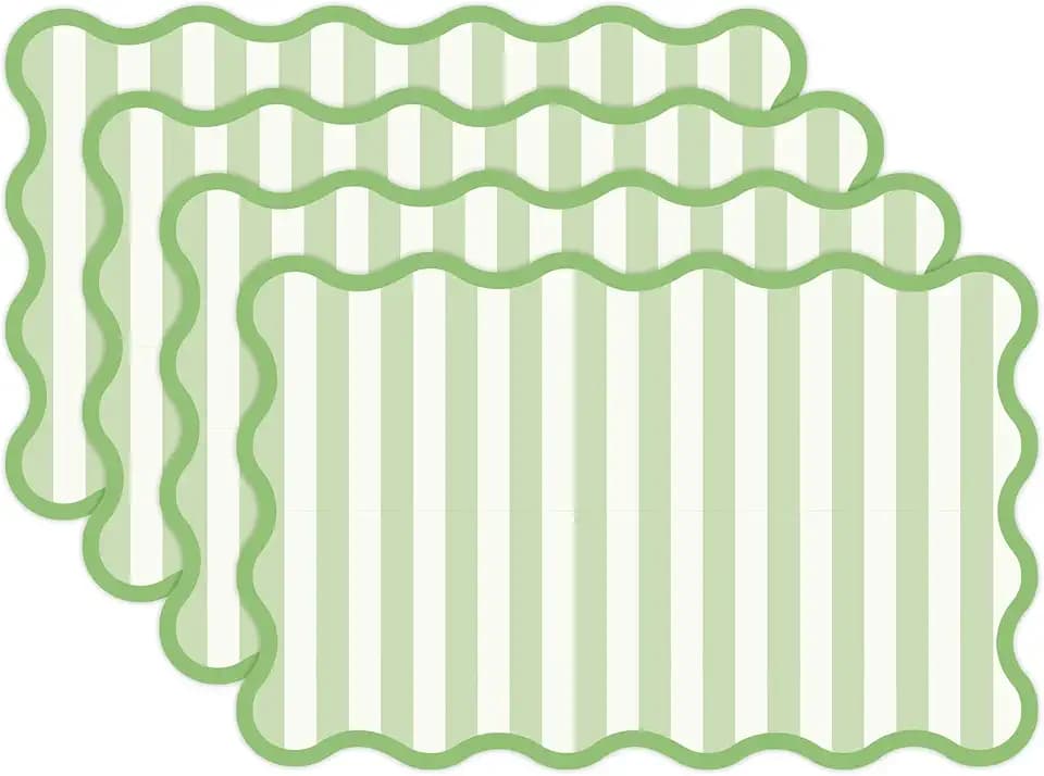 JarThenaAMCS 60 Pcs Light Green Striped Paper Placemats Scalloped Edge Table Mats 11 x 17 Inch Disposable Decorative Rectangle Place Mats for Wedding Birthday Baby Shower Party Dining Table Decor