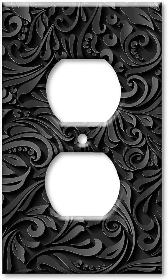 Art Plates - Duplex Black Outlet Cover Decorative Metal Wall Plate - 1 Gang Outlet Plug Cover - Black Floral (Printed Image) - Made in USA