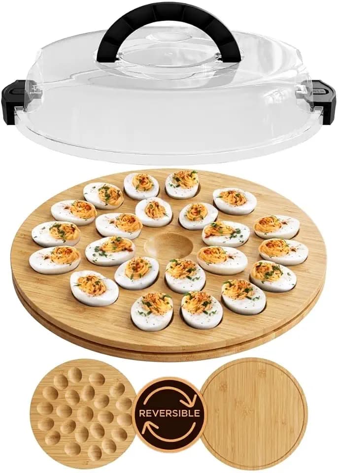Deviled Egg Serving Tray with Lid, Reversible Sides, Wooden Storage Container for Appetizers, Party Platter for 22 Deviled Eggs, Bamboo Wood