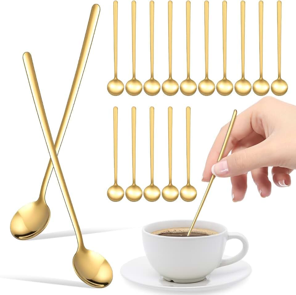 POPETPOP 20 Pcs Coffee Spoons Set, 7" Long Handle Gold Tea Spoons, Teaspoon