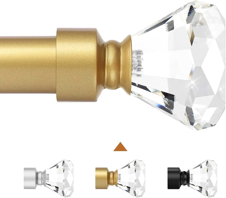Gold 1 Pack Window Treatment Single Curtain Rods, Adjustable Curtain Rod from 48 to 86 Inches with Crystal Finial Finials(4-7.2ft), 1-Inch Curtain Rods for Windows