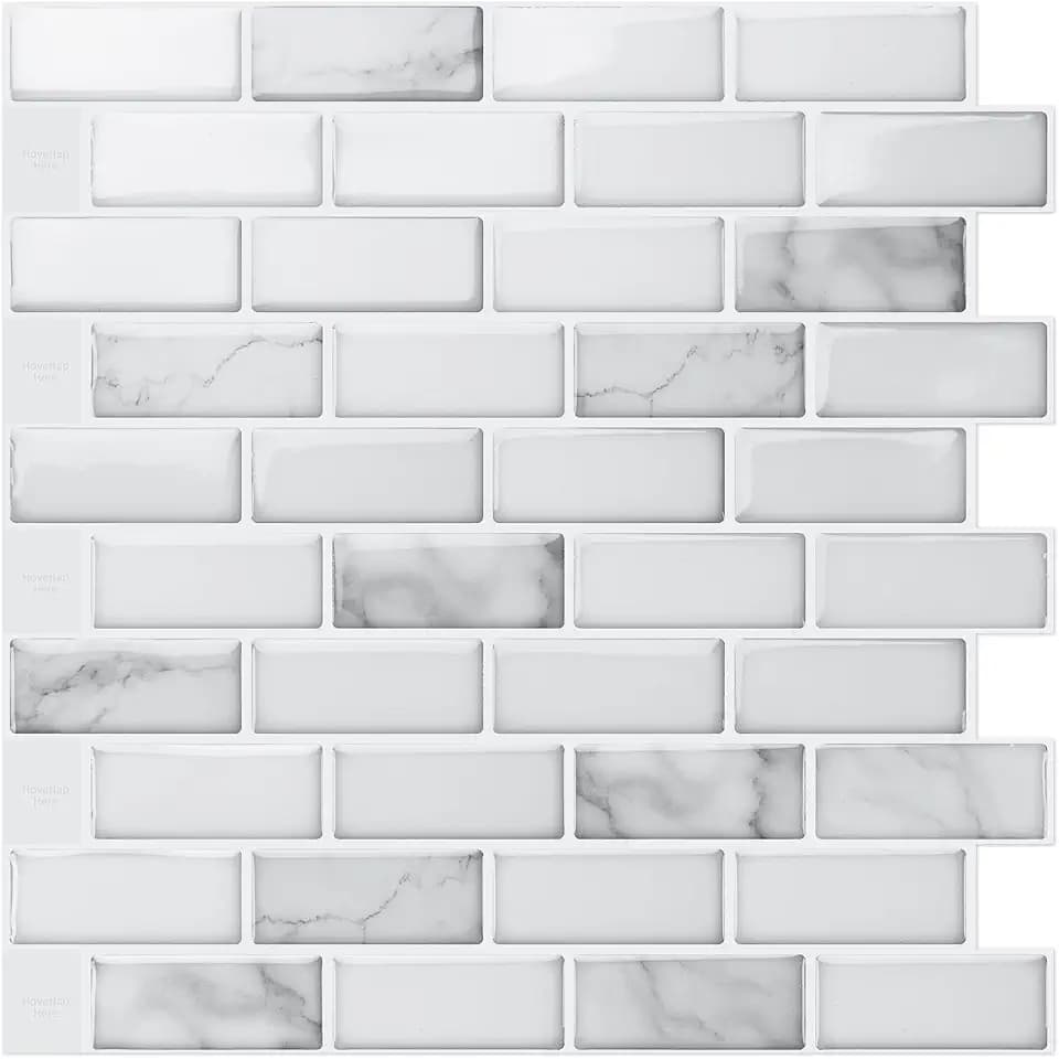 Art3d 10-Pack Peel and Stick Stone Backsplash Tile, 12" x 12", White Marble