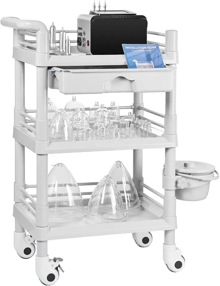 Meifuly Beauty Trolley Cart with Wheels, Vacuum Therapy Machine Trolley with Handrail, Bucket and Big Drawer, 3 Tier Heavy Duty Beauty Cart, Load 330lbs, 360° Rotate Silent Wheels