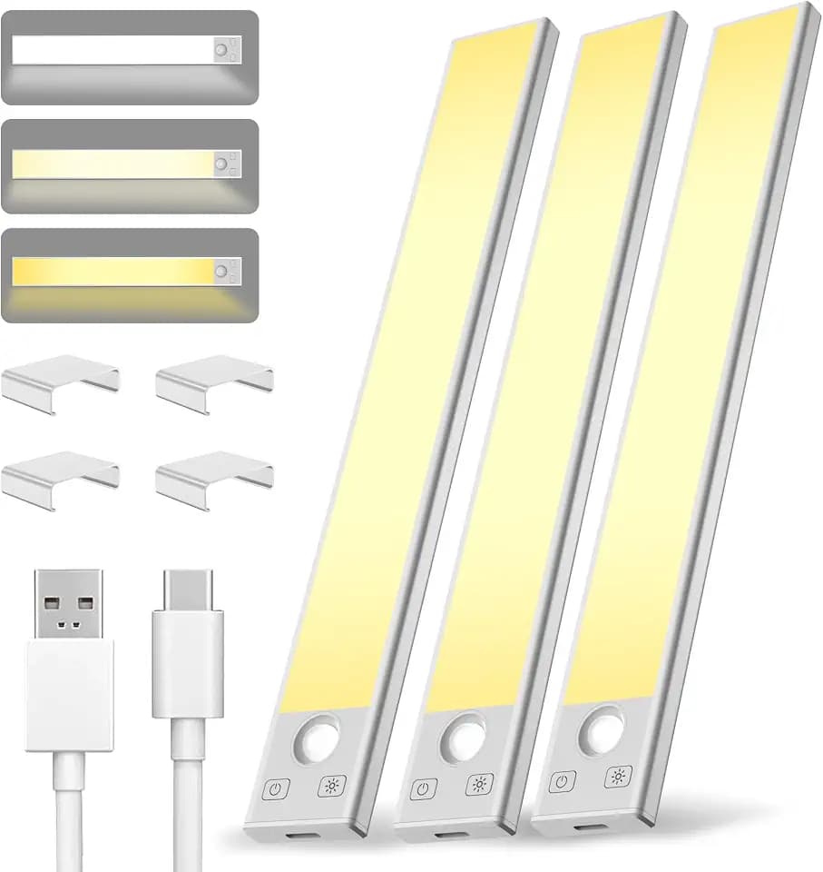 Under Cabinet Lighting 8 inch Rechargeable Battery Operated Motion Sensor Light Wireless Under Counter Lights for Kitchen, Stairs,Hallway (3 Pack)