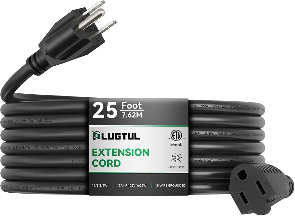 PLUGTUL Outdoor Extension Cord 25 FT | 16/3 Gauge Black Heavy Duty 3 Prong Extension Cord, 13A 1625W SJTW, ETL Listed, Great for Garden and Home