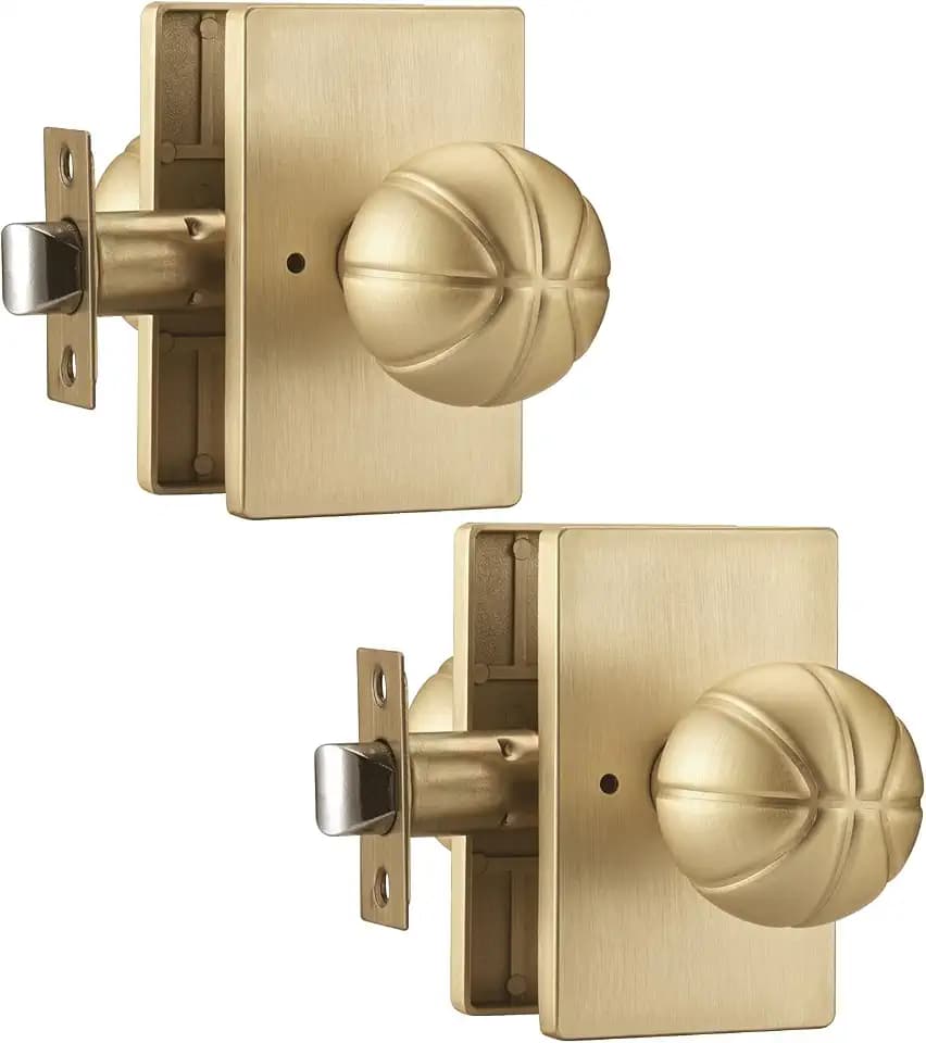 parro Basketball Shape Gold Door Knob with Push Lock for Bedroom,2 Pack