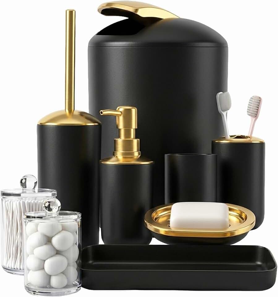 9 Pieces Black Bathroom Accessories Set, Gorgeous Gold Bathroom Set, Trash Can, Toilet Brush, Soap Dispenser and Toothbrush Holder, Soap Dish, Tumber, Qtip Holder, Tray, Sink Countertop Set Decor