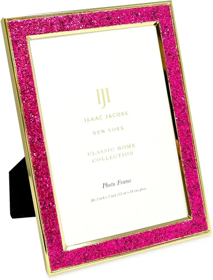 Isaac Jacobs 5x7 Ruby Pink Glitter w/Gold Metal Picture Frame w/Easel