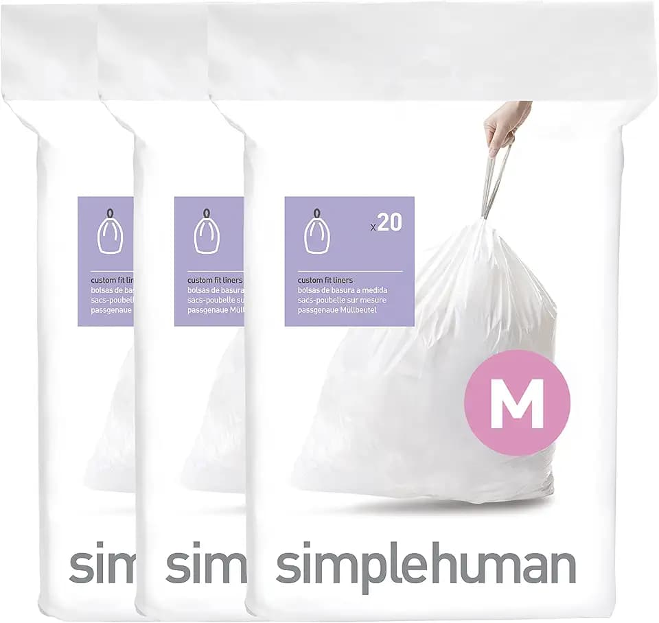 simplehuman Code M 60 Count Custom Fit Liners, Drawstring Kitchen Trash Bags, One-by-One Mess-Free Dispense, Extra Thick & Double Seamed, 50% PCR Plastic, 40-45 Liter / 11-12 Gallon, White