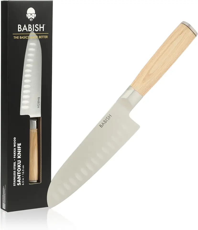 Babish 6.5-Inch Santoku Knife – High-Carbon 1.4116 German Steel Kitchen Knife with Light Pakka Wood Handle, Full-Tang Razor Sharp Blade for Chopping, Slicing, Dicing & Precision Prep