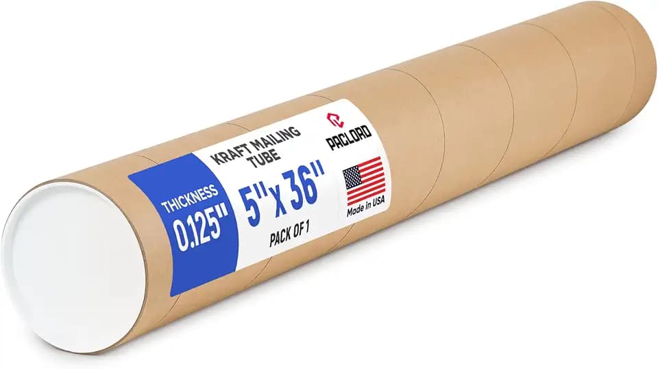 5" x 36" Made in USA Kraft Paper Mailing Tube, 1 Tube, 2 Caps