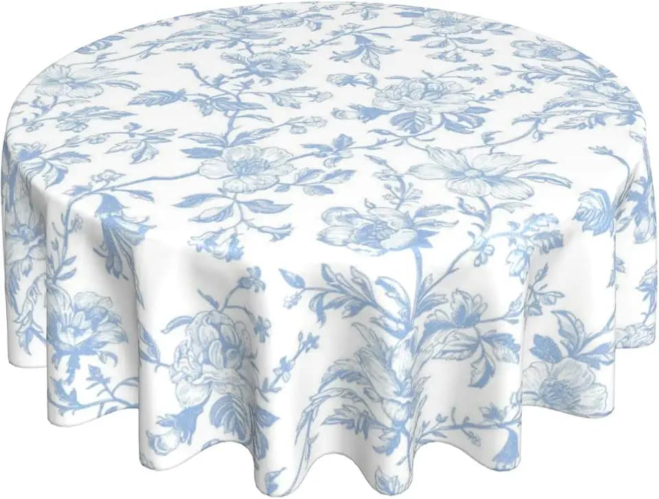 Baby Blue Floral Round Tablecloth 70 Inch Chinoiserie Flower Toile Blue Table Cloth Vintage Polyester Farmhouse Round Floral Table Cover for Party Dining Picnic Kitchen Decor Indoor Outdoor