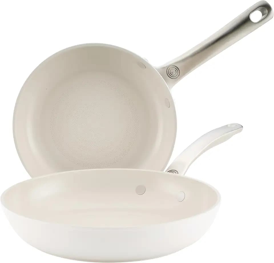 Circulon Halo with LaserDefense Ceramic Nonstick 2-Piece Skillet Set/Frying Pans, Made without PFAS, Compatible with All Stovetops, Dishwasher and Oven Safe, 8 Inch and 10 Inch Fry Pans - Pearl White