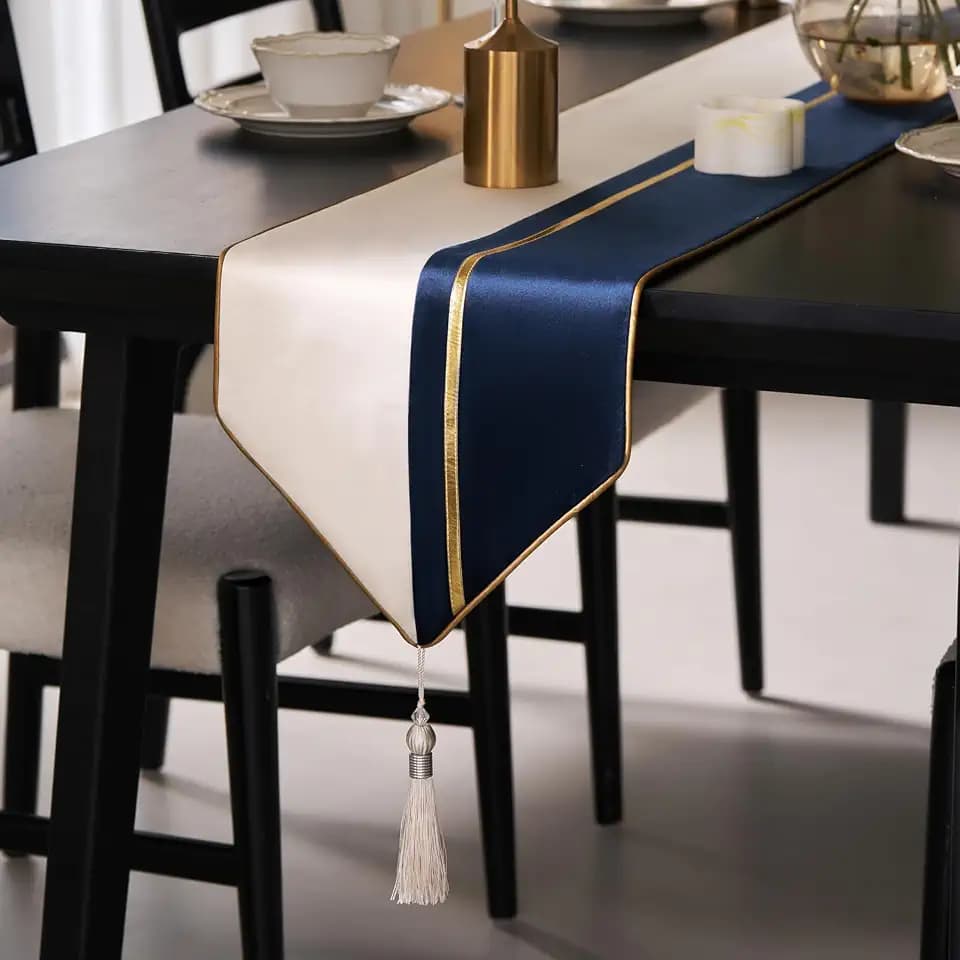 Avigers Table Runner 12 x 72 Inch, Blue White, Geometric, Tassels