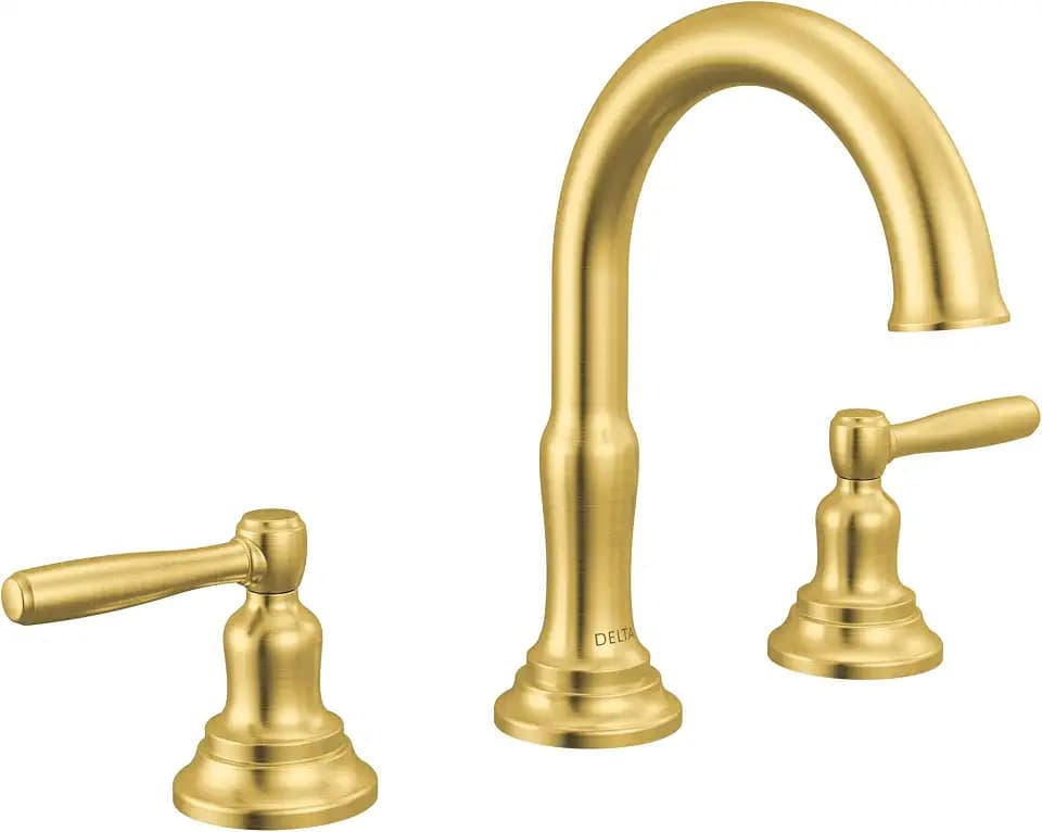 Delta Roe Brushed Gold Bathroom Faucet 3 Hole, 8 Inch Widespread Bathroom Sink Faucet for Vanity, Push-Pop Drain Assembly, Brushed Gold 35985LF-GB