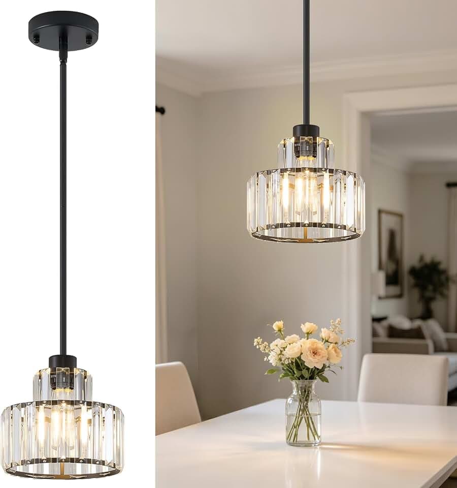Dijiahua Black Pendant Lights Kitchen Island,Modern Luxury Crystal Pendant Light Fixtures Over Table, Mini Dining Room 1-Light Chandelier,Adjustable Cord Hanging Lamp for Bedroom 1 Pack