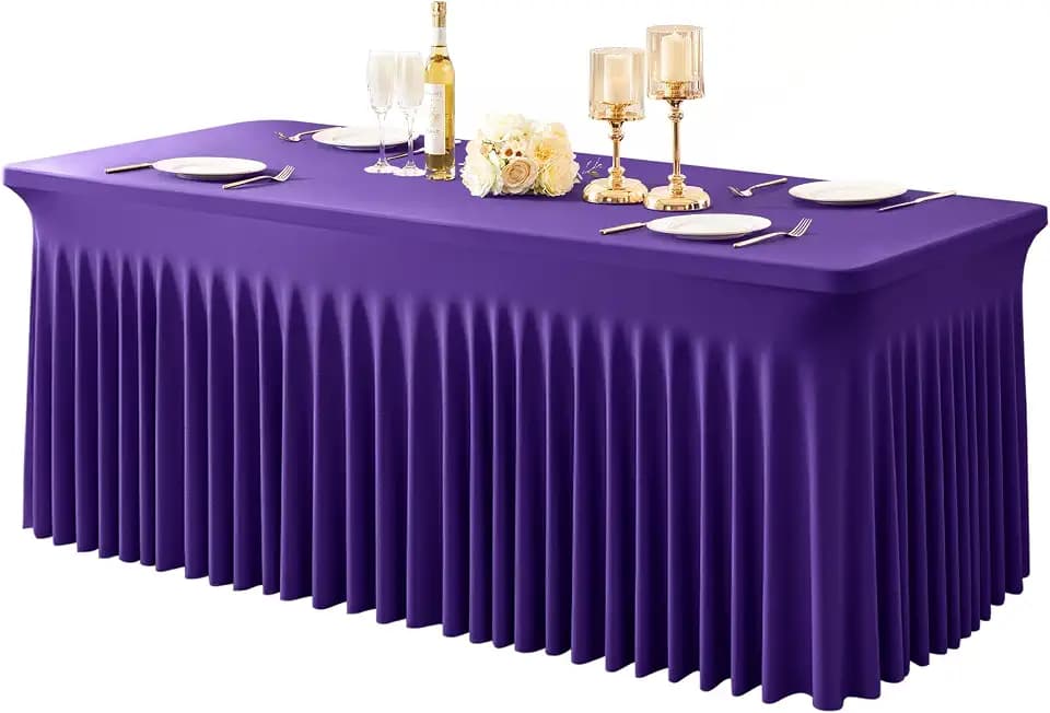 1 Pack Purple Table Clothes for 6 Foot Rectangle Tables, One-Piece Wrinkle Resistant Stretch Spandex Table Covers with Skirt for Event Banquet Wedding Birthday Party