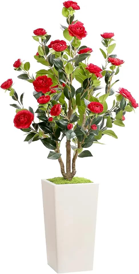 Romantic Season 4FT Artificial Camellia Tree with White Tall Planter, Red Faux Camellia Plant Flower Tree for Modern Home Office Living Room Floor Décor Outdoor Indoor,Red