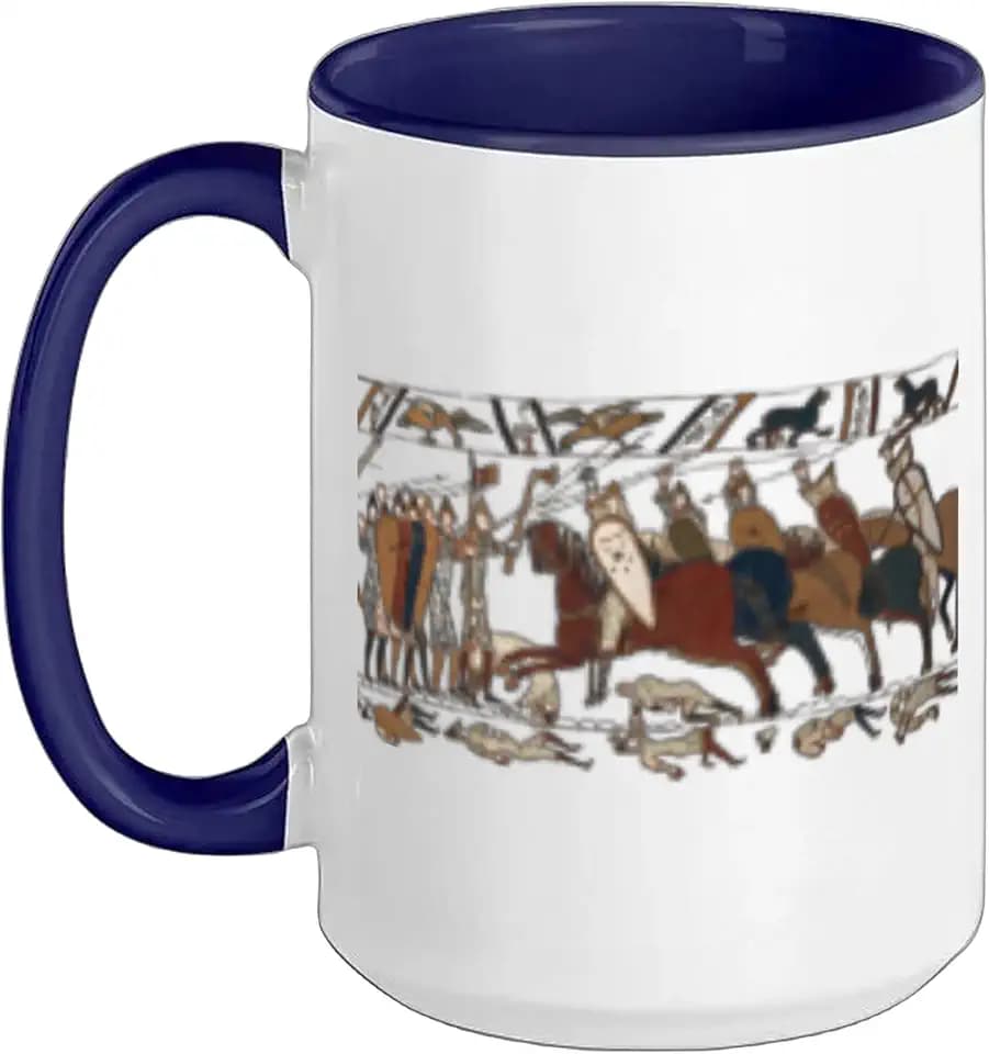 Bayeux Tapestry Battle of Hastings 1066 Norman Conquest Ceramic Mug, Dark Blue/White, 15oz