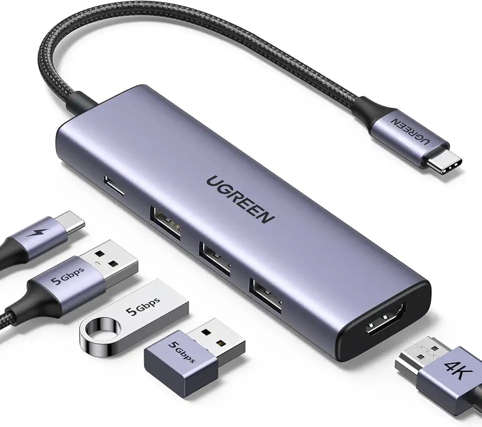 UGREEN USB C Hub HDMI 4K 100W PD Charge mit 3 USB 3.0 Ports 5 in 1 USB C auf HDMI Adapter kompatibel mit MacBook iPad Pro Air Surface Pro iPhone 16 Plus Pro Max 15 Galaxy S24 Tab S9 (Grau)